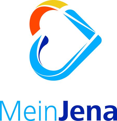Logo MeinJena App, ein buntes liegendes Herz und der Schriftzug "Mein Jena"